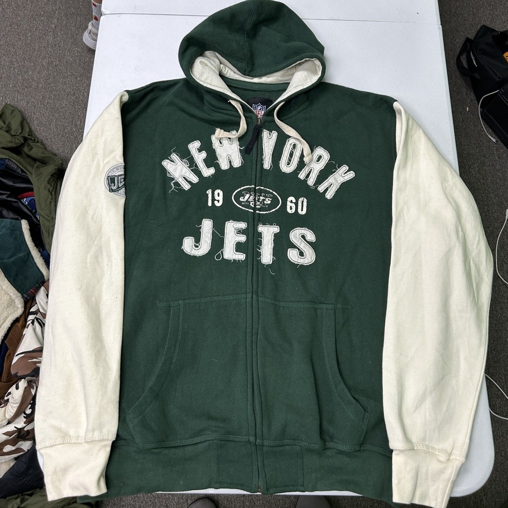 NFL New York Jets Zip Hoodie Mens 2XL Green Cream Colorblock Distressed Logo